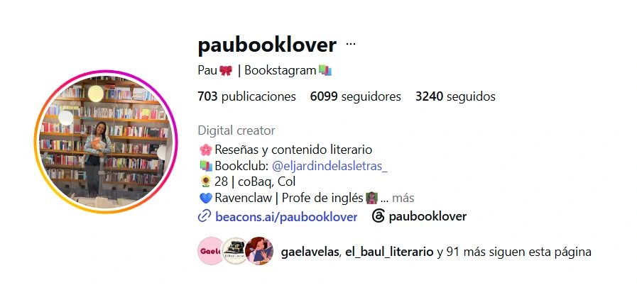 Perfil de Instagram de Pau Booklover