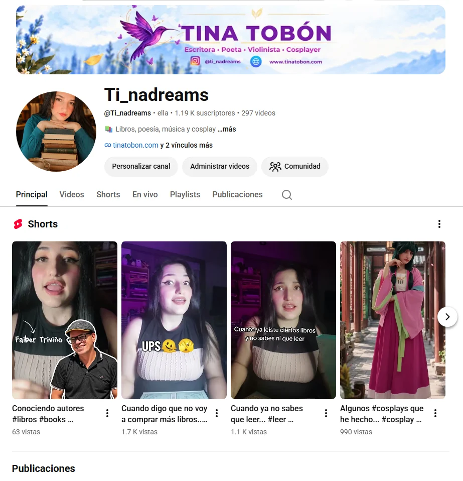 Vista del canal de YouTube Ti_nadreams con videos sobre libros, autores y cosplay